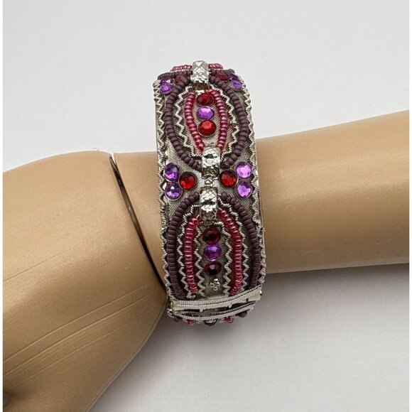 Vintage Hinged Bangle Bracelet Silver Tone With Purple Red Beads Ornate Design - Picture 8 of 8